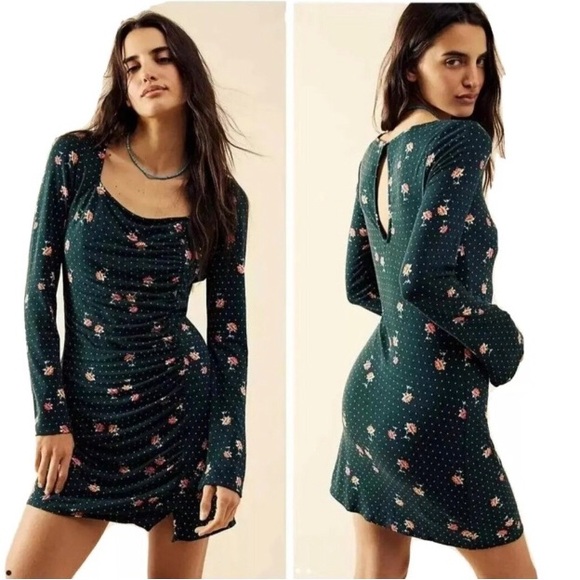 NWT Free People Celia Green Polka Dot & Floral Print Long Sleeve Mini Dress XS - Picture 3 of 14